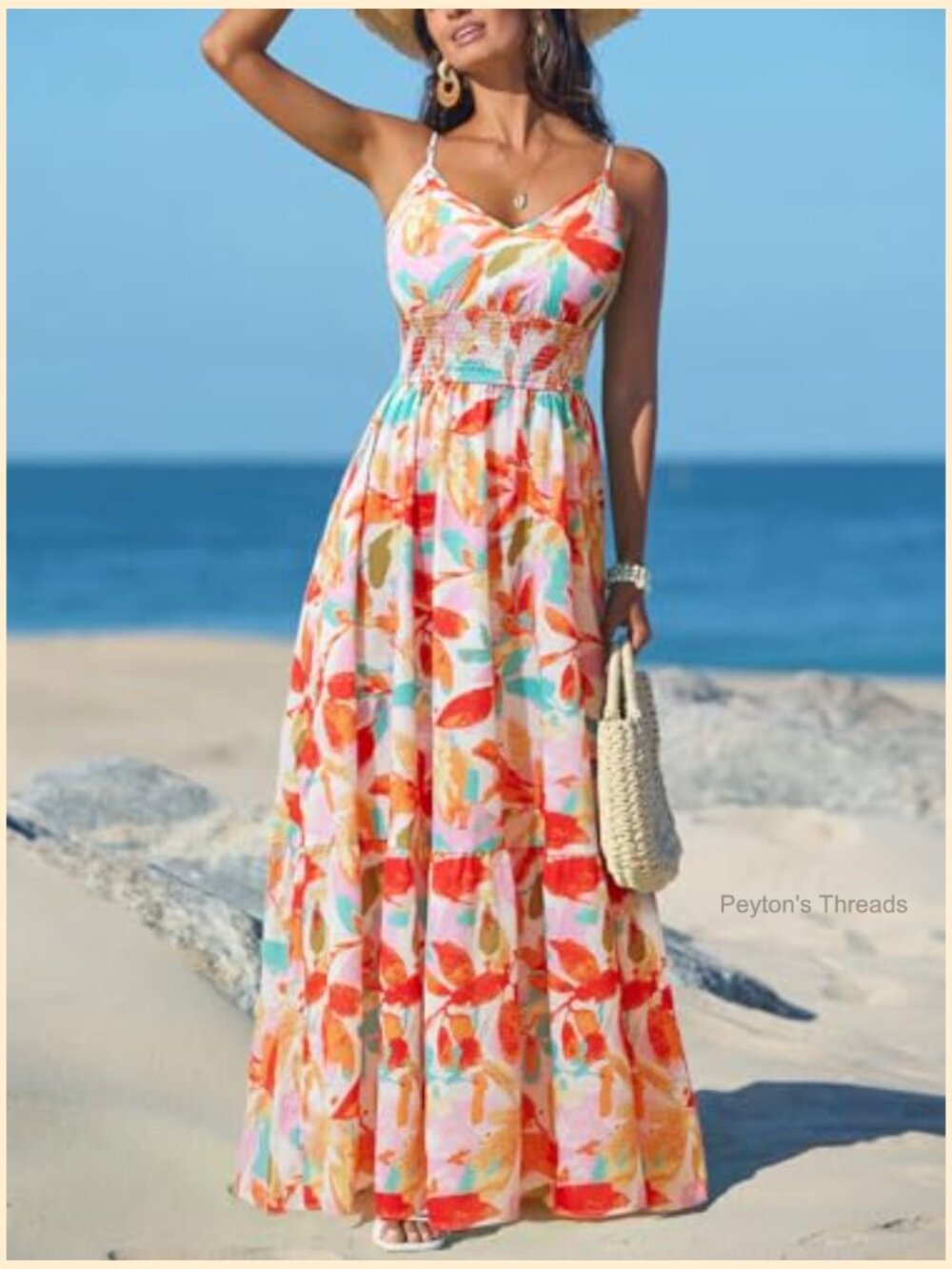 Tropical V-Neck Sleeveless Spaghetti Strap Smocked Waist Maxi Dress - Picture 4 of 5